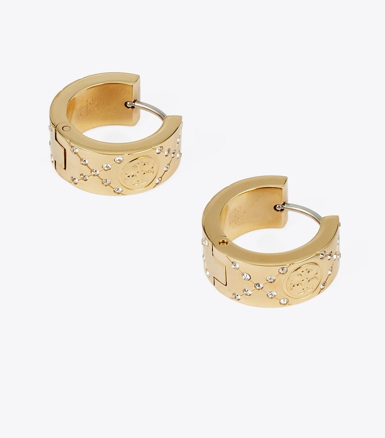 Tory Burch designer earrings Small Icon T Monogram Pavé Hoop Earrings in Tory Gold / Crystal front