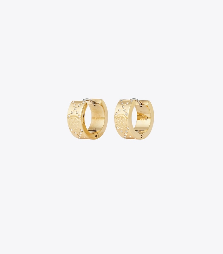 Tory Burch designer earrings Small Icon T Monogram Pavé Hoop Earrings in Tory Gold / Crystal front