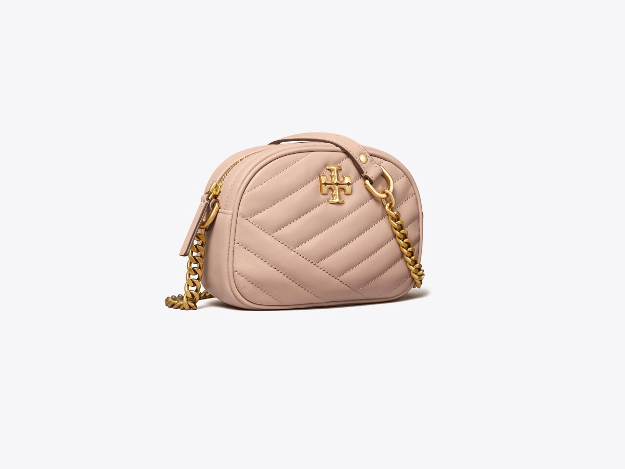 TORY BURCH KIRA CHEVRON SMALL CAMERA BAG, PINK MOON 💕Zipper closure  💕Adjustable metal chain strap with leather shoulder guard for…