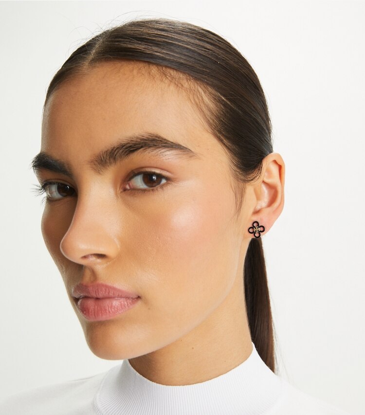 Tory Burch designer earrings Small Kira Clover Stud in Tory Gold / New Ivory accessory on model