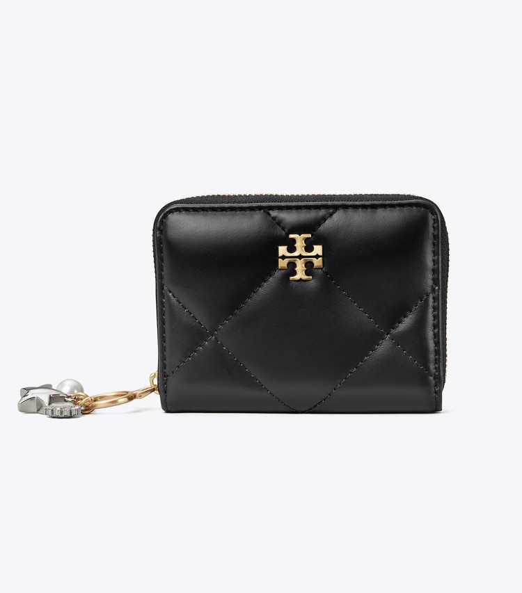 Tory Burch designer wallets Small Kira Diamond Quilt Charm Zip-Around Wallet in Black front