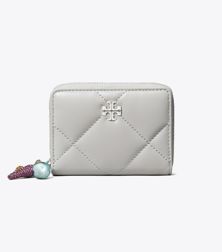 Tory Burch designer 財布 キラ ダイヤモンドキルト チャーム ジップアラウンド スモール ウォレット in Gray angle