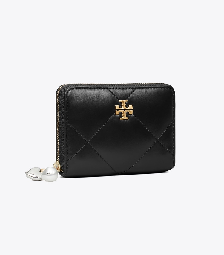 Tory Burch designer wallets Small Kira Diamond Quilt Charm Zip Wallet in Black angle
