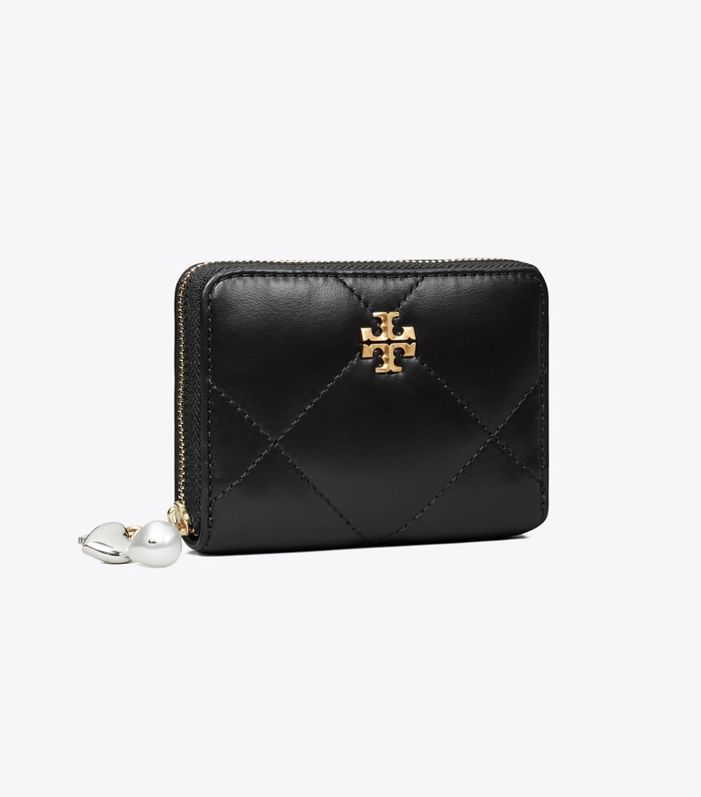 Tory Burch designer wallets Small Kira Diamond Quilt Charm Zip Wallet in Black angle