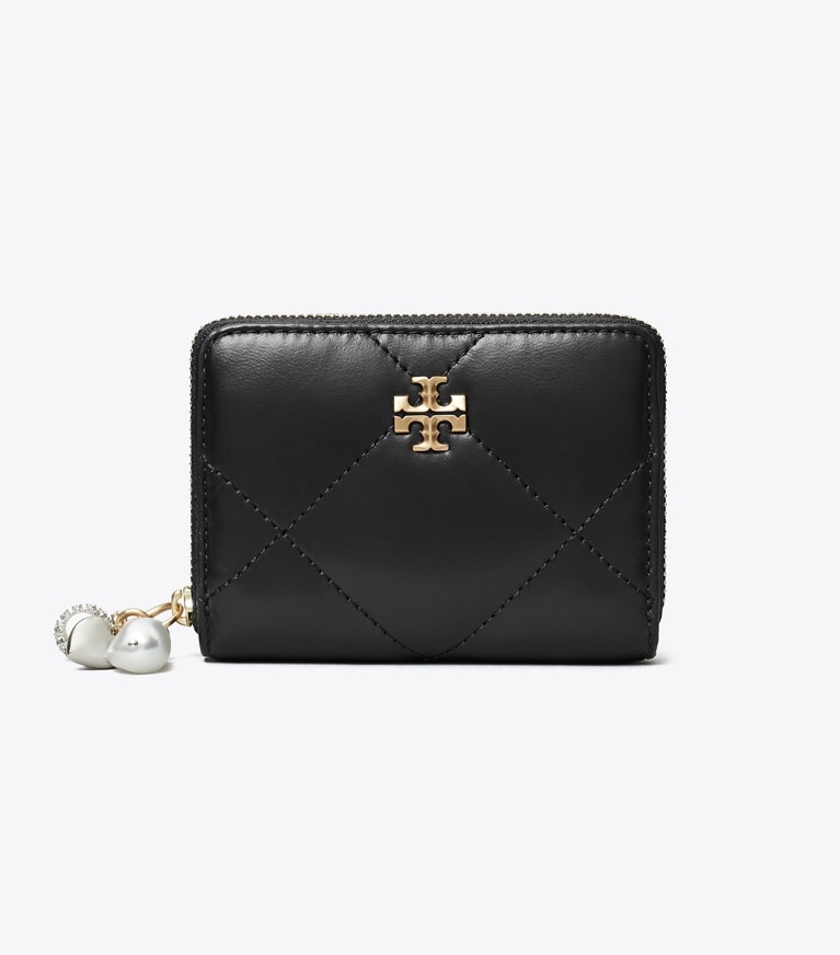 Tory Burch designer wallets Small Kira Diamond Quilt Charm Zip Wallet in Black angle