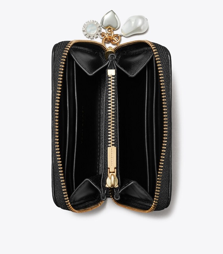 Tory Burch designer wallets Small Kira Diamond Quilt Charm Zip Wallet in Black overhead