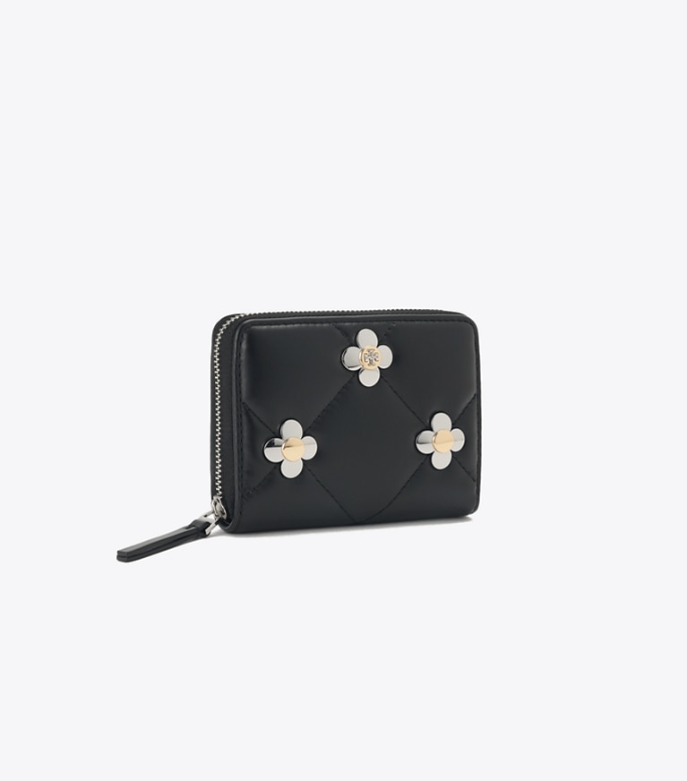 Tory Burch designer 財布 キラ ダイヤモンドキルト マルチクローバー ジップアラウンド スモールウォレット in Black angle