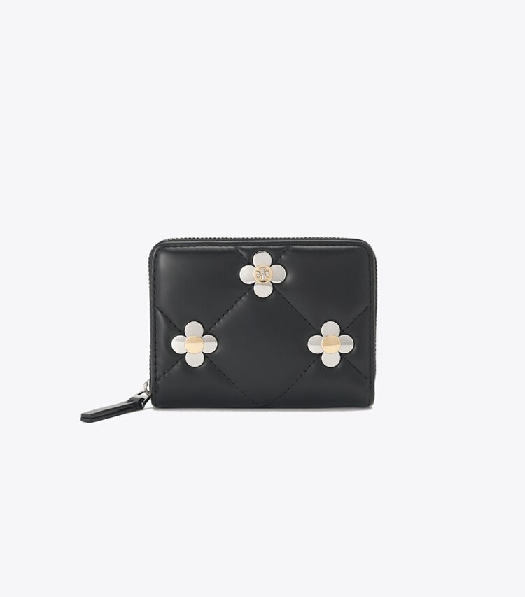 Tory Burch designer 財布 キラ ダイヤモンドキルト マルチクローバー ジップアラウンド スモールウォレット in Black front