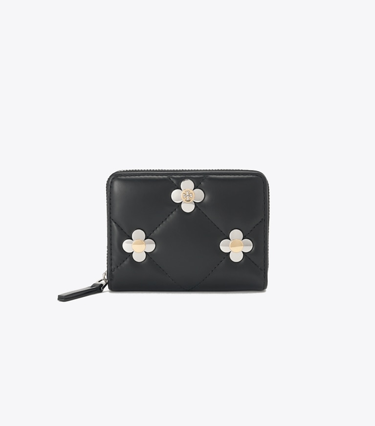 Tory Burch designer 財布 キラ ダイヤモンドキルト マルチクローバー ジップアラウンド スモールウォレット in Black angle