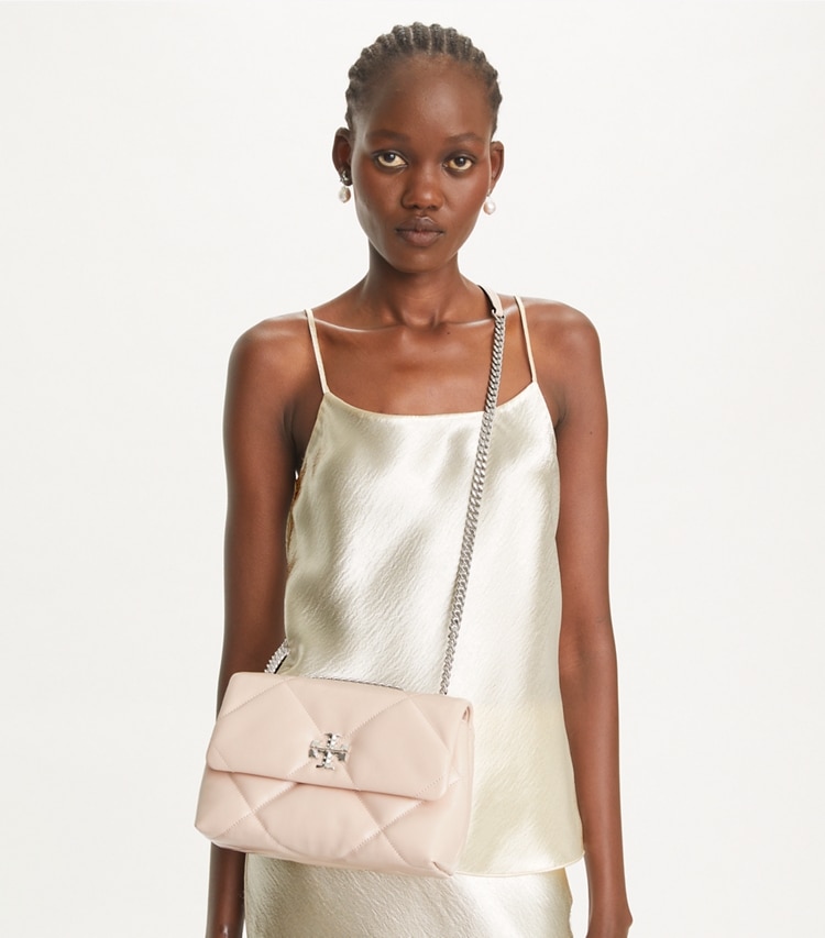 Tory Burch designer shoulder bags Small Kira Diamond Quilt Convertible Shoulder Bag in Soft Pink additional on model