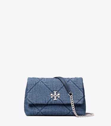 Tory Burch designer shoulder bags Small Kira Diamond Quilt Denim Shoulder Bag in Blue front