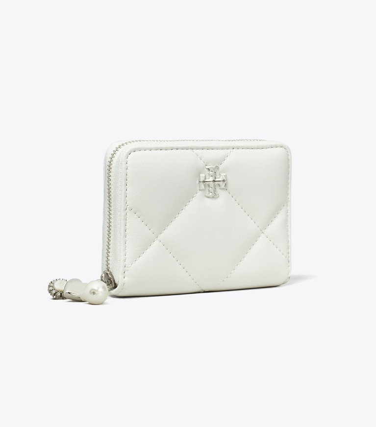 Tory Burch designer wallets Small Kira Diamond Quilt Distressed Charm Zip-Around Wallet in Blanc angle