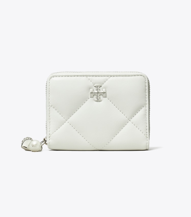 Tory Burch designer wallets Small Kira Diamond Quilt Distressed Charm Zip-Around Wallet in Blanc front