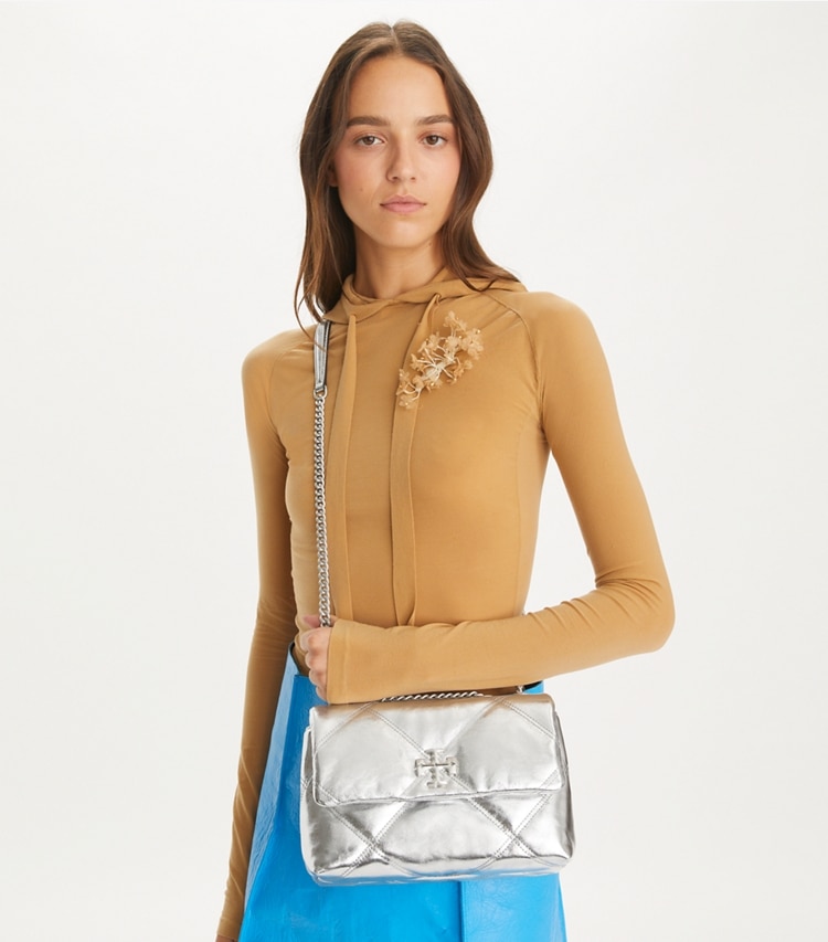 Tory Burch designer shoulder bags Small Kira Diamond Quilt Metallic Convertible Shoulder Bag in Silver additional on model