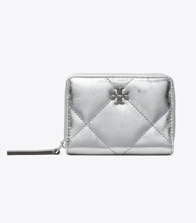 Tory Burch designer wallets Small Kira Diamond Quilt Metallic Zip-Around Wallet in Silver front
