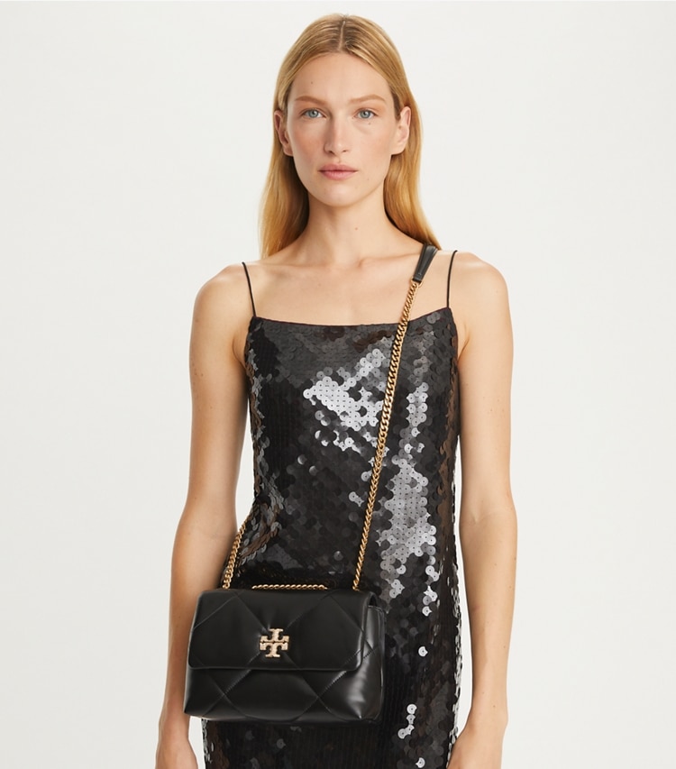 Tory Burch designer shoulder bags Small Kira Diamond Quilt Pavé Convertible Shoulder Bag in Black additional on model