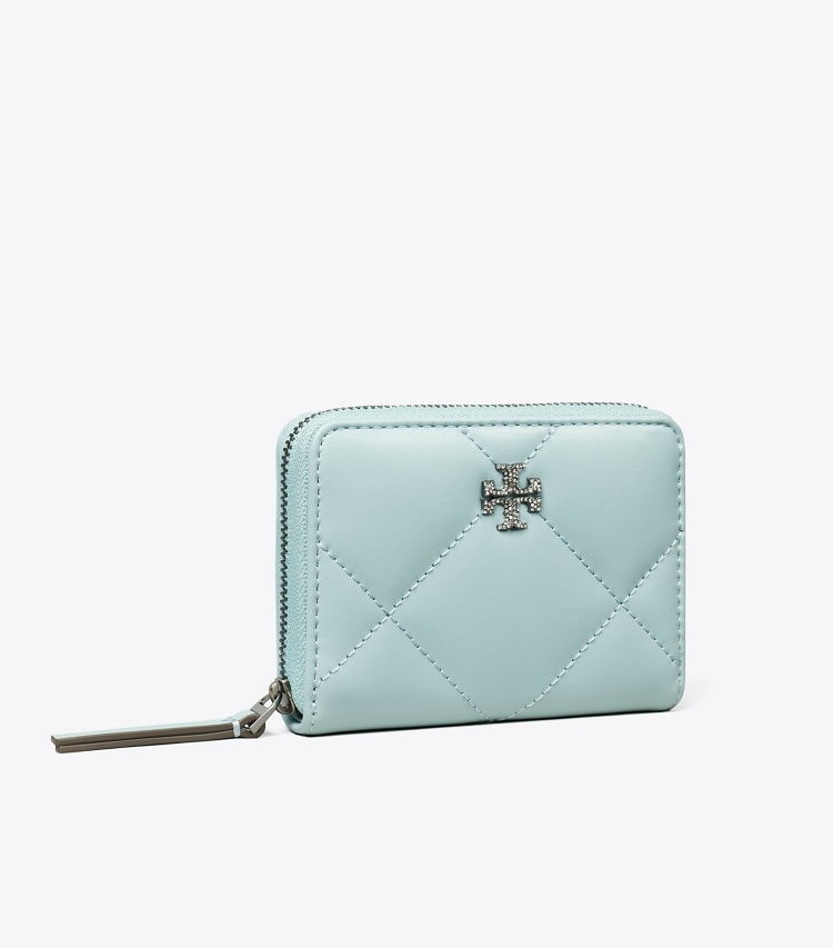 Tory Burch designer 財布 キラ パヴェ ロゴ ダイヤモンドキルト ジップアラウンド スモールウォレット in Geyser angle