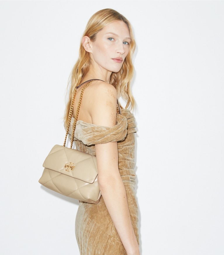 Tory Burch designer shoulder bags Small Kira Diamond Quilt Shoulder Bag in Light Stone angle