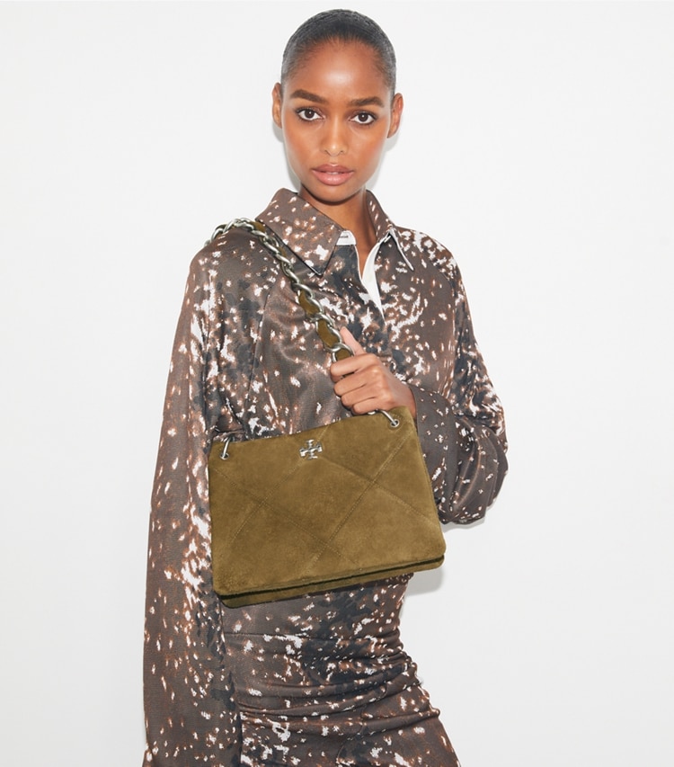 Tory Burch designer hobo bags Small Kira Diamond Quilt Suede Shoulder Bag in Wild Olive accessory on model
