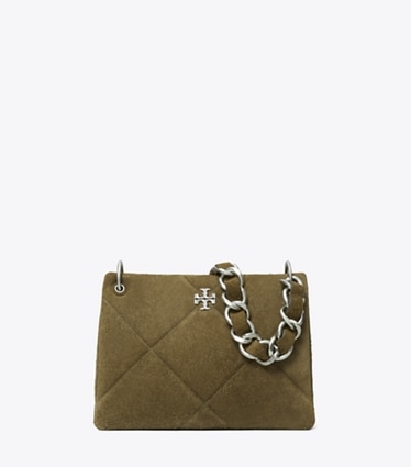 Tory Burch designer hobo bags Small Kira Diamond Quilt Suede Shoulder Bag in Wild Olive front