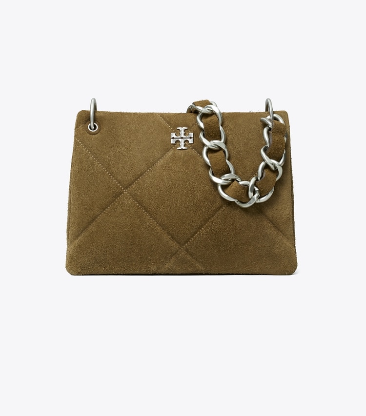 Tory Burch designer hobo bags Small Kira Diamond Quilt Suede Shoulder Bag in Wild Olive front
