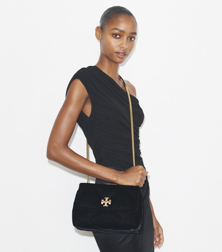 Tory Burch designer shoulder bags Small Kira Diamond Quilt Velvet Pavé Shoulder Bag in Black additional on model