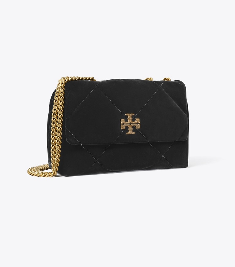 Tory Burch designer shoulder bags Small Kira Diamond Quilt Velvet Pavé Shoulder Bag in Black angle