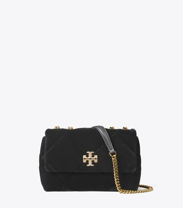 Tory Burch designer shoulder bags Small Kira Diamond Quilt Velvet Pavé Shoulder Bag in Black front