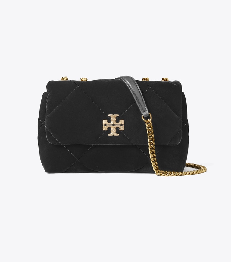 Tory Burch designer shoulder bags Small Kira Diamond Quilt Velvet Pavé Shoulder Bag in Black angle