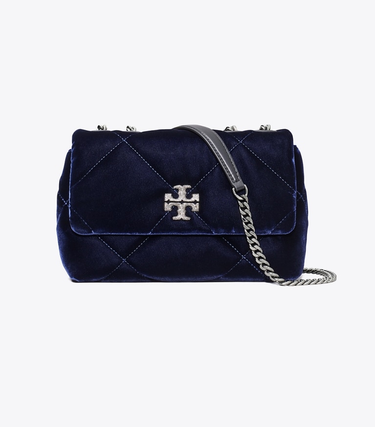 Tory Burch designer shoulder bags Small Kira Diamond Quilt Velvet Pavé Shoulder Bag in PERFECT NAVY angle