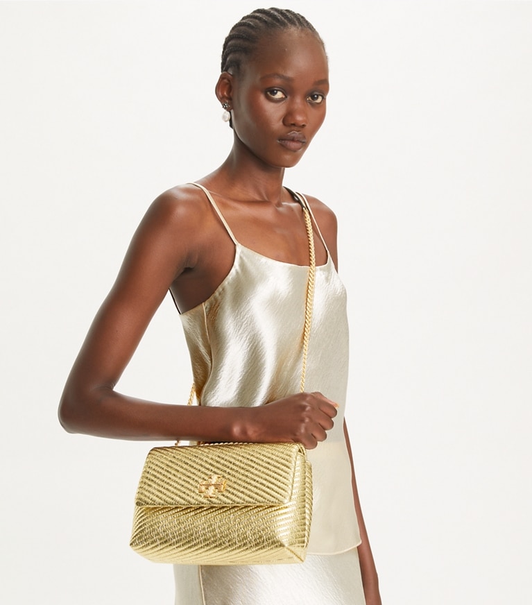 Tory Burch designer shoulder bags Small Kira Moto Quilt Metallic Convertible Shoulder Bag in Gold angle