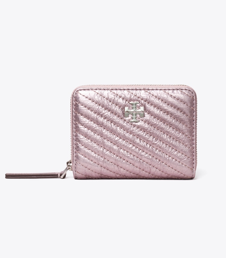 Tory Burch designer wallets Small Kira Moto Quilt Metallic Zip-Around Wallet in Sparkle Pink front