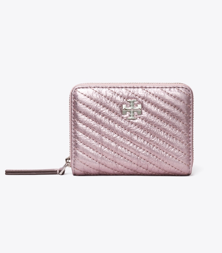 Tory Burch designer wallets Small Kira Moto Quilt Metallic Zip-Around Wallet in Sparkle Pink angle