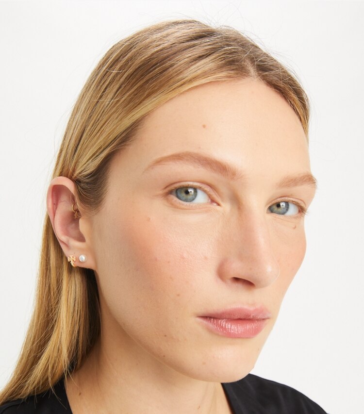 Tory Burch designer earrings Small Kira Pearl Front-Back Earring in Tory Gold / Pearl accessory on model