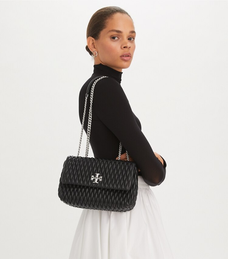 Tory Burch designer shoulder bags Small Kira Ruched Convertible Shoulder Bag in Black accessory on model