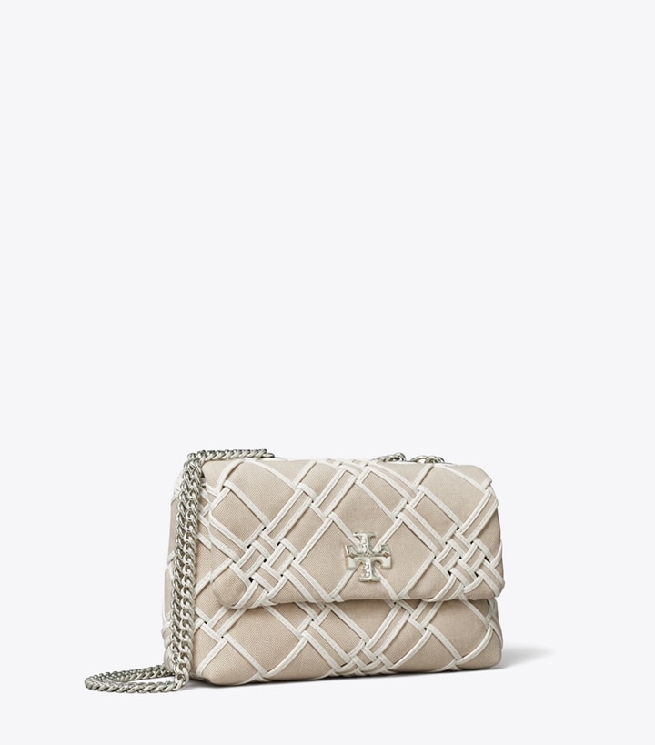 Tory Burch designer shoulder bags Small Kira Woven Canvas Convertible Shoulder Bag in Natural / Blanc angle