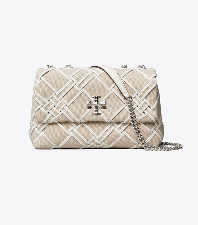 Tory Burch designer shoulder bags Small Kira Woven Canvas Convertible Shoulder Bag in Natural / Blanc front