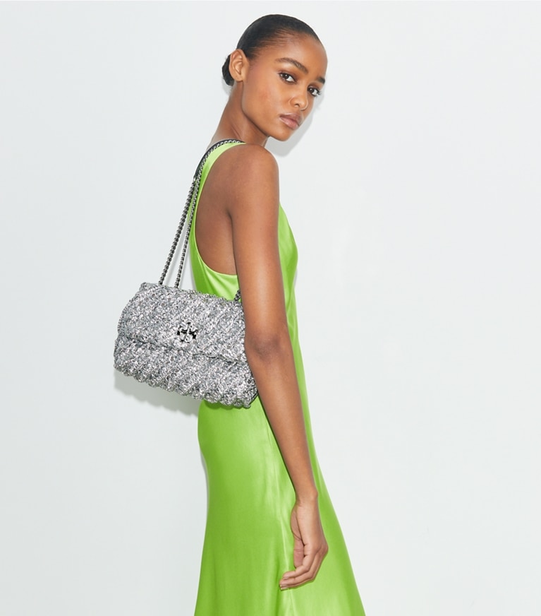 Tory Burch designer shoulder bags Small Kira Woven Shoulder Bag in Silver angle