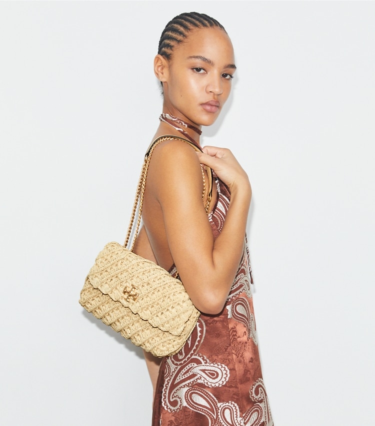 Tory Burch designer shoulder bags Small Kira Woven Shoulder Bag in Natural accessory on model