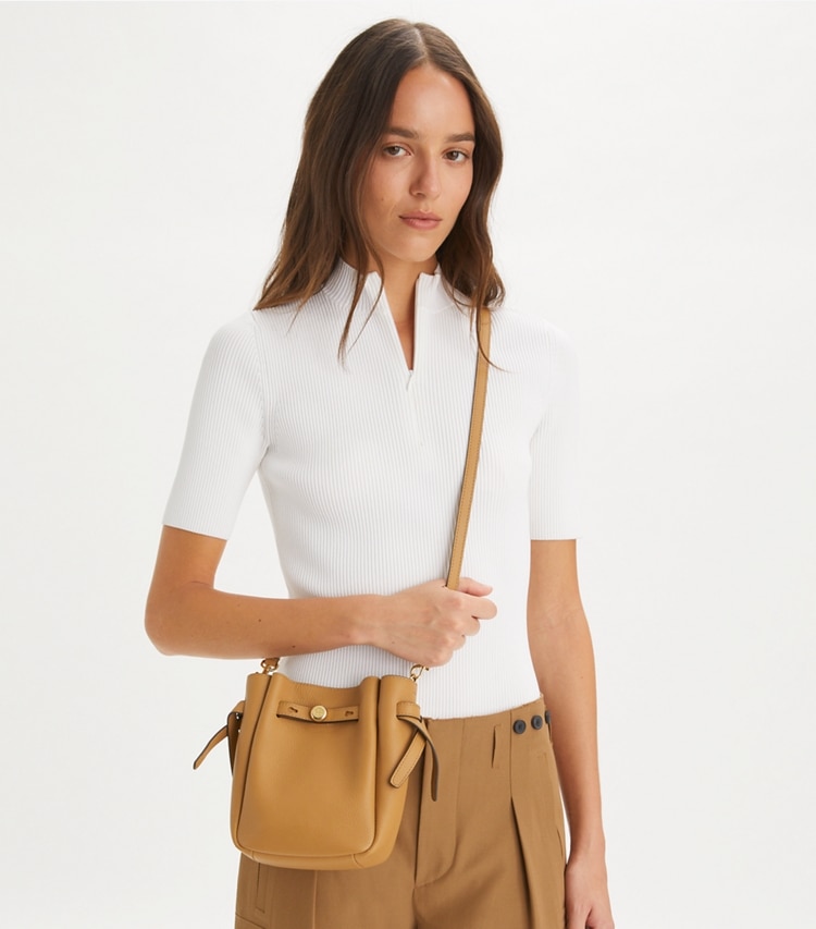 Tory Burch designer crossbody bags Small Leather Crossbody in Tiramisu accessory on model
