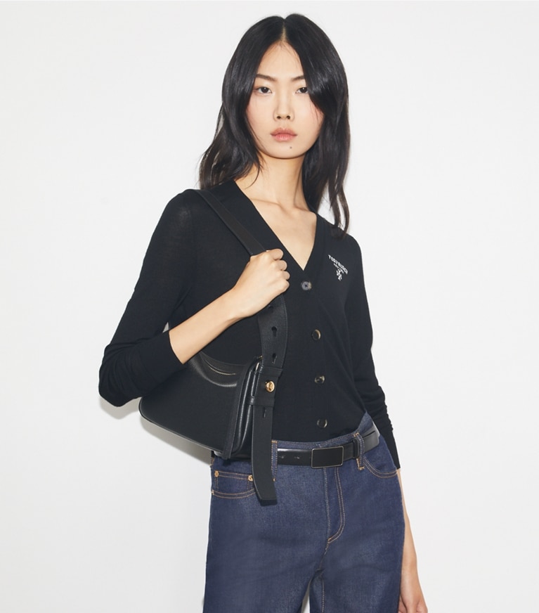 Tory Burch designer shoulder bags Small Leather Shoulder Bag in Black accessory on model