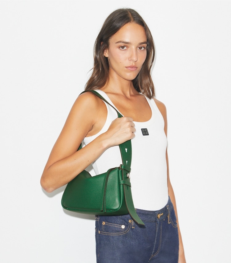 Tory Burch designer shoulder bags Small Leather Shoulder Bag in Dark Kale accessory on model