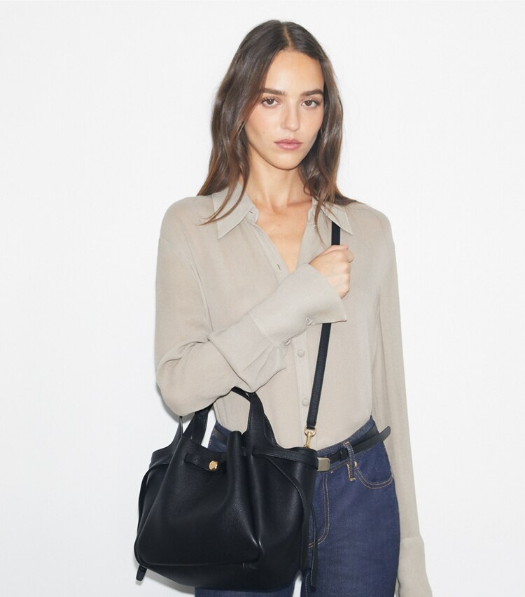 Tory Burch designer tote bags Small Leather Tote in Black accessory on model
