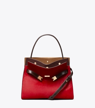 Tory Burch designer satchels Small Lee Radziwill Calf Hair Double Bag in Toucan Red front
