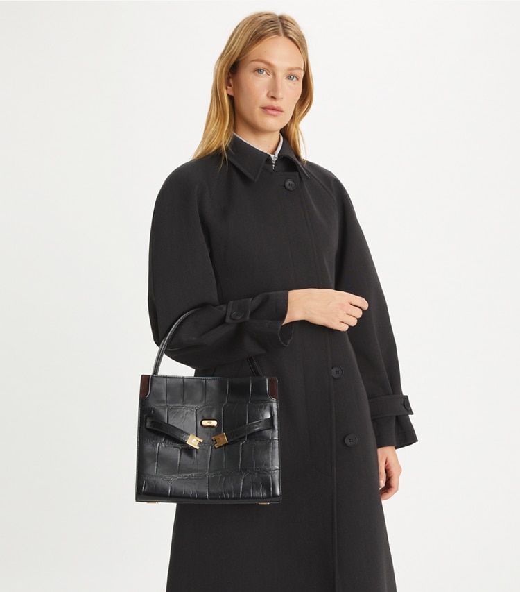 Tory Burch designer satchels Small Lee Radziwill Croc-Embossed Double Bag in Black accessory on model