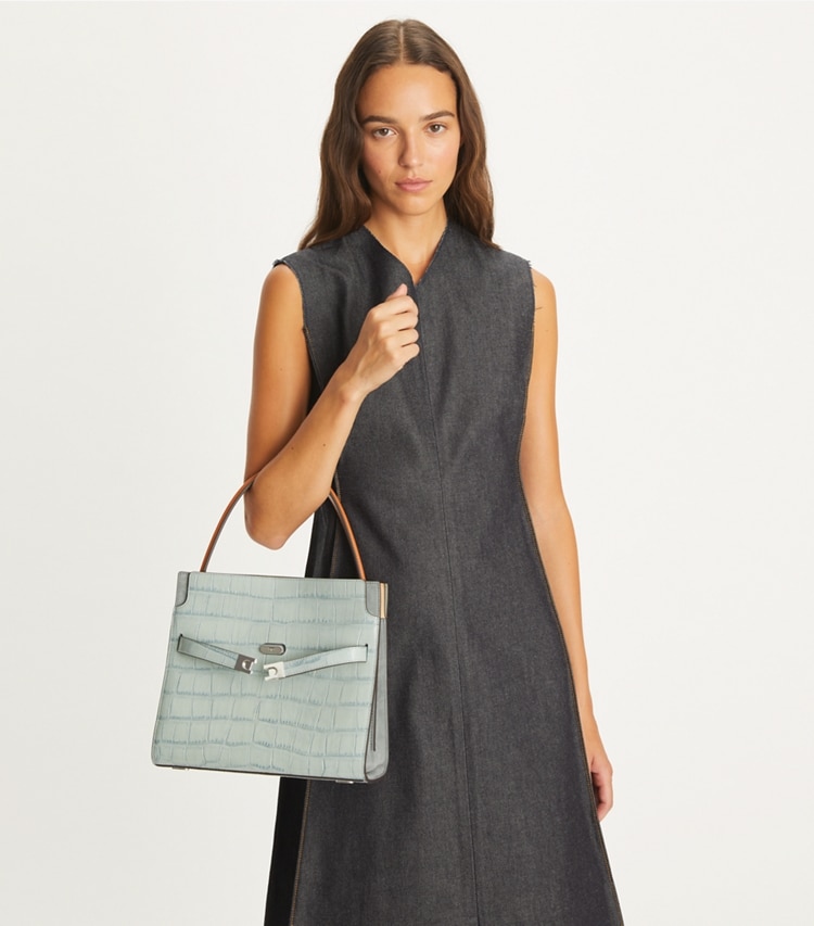 Tory Burch designer satchels Small Lee Radziwill Croc-Embossed Double Bag in Blue Celadon accessory on model