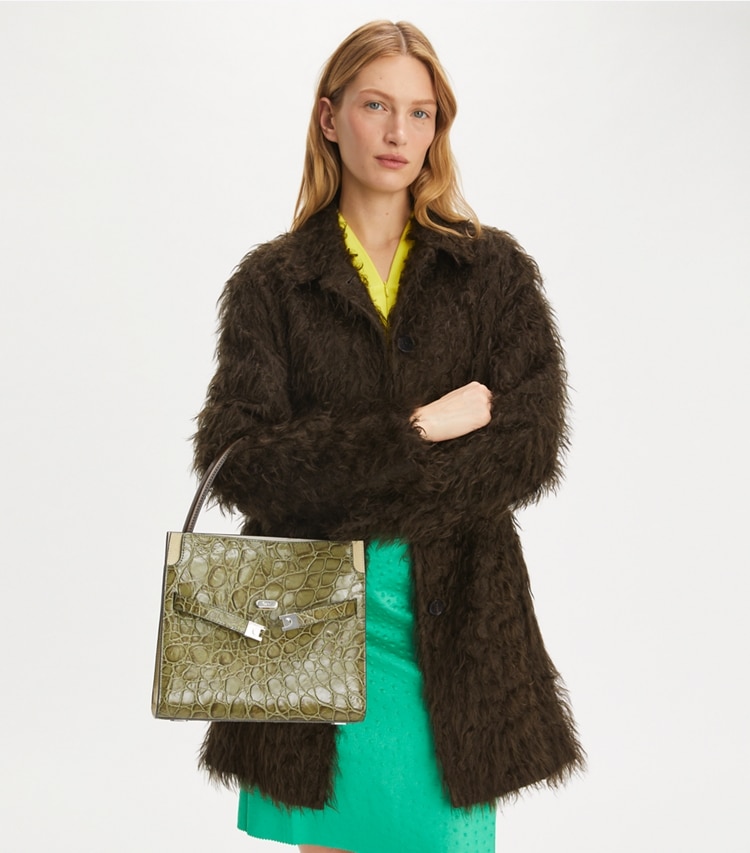 Tory Burch designer satchels Small Lee Radziwill Croc-Embossed Double Bag in Soft Ivy accessory on model