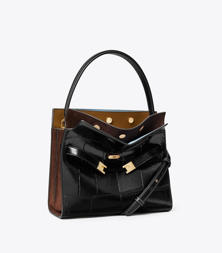 Tory Burch designer satchels Small Lee Radziwill Croc-Embossed Double Bag in Black angle