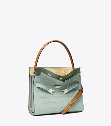 Tory Burch designer satchels Small Lee Radziwill Croc-Embossed Double Bag in Blue Celadon angle