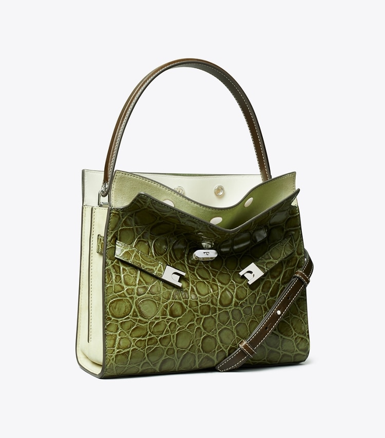 Tory Burch designer satchels Small Lee Radziwill Croc-Embossed Double Bag in Soft Ivy angle